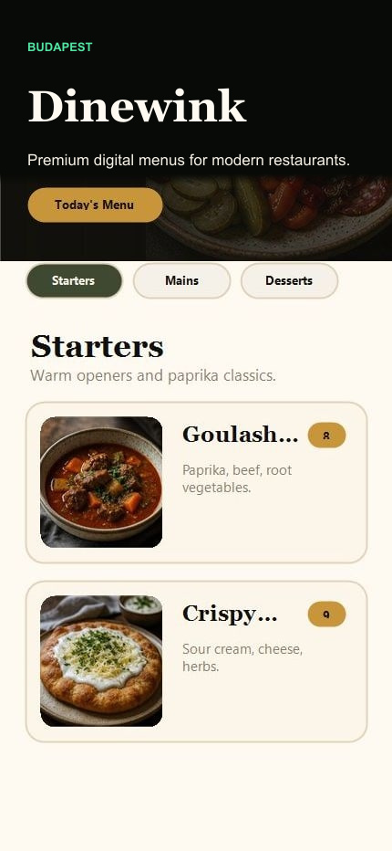 Screenshot of the Dinewink mobile menu